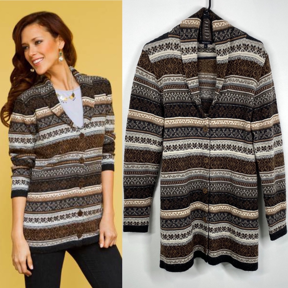 NOVICA baby alpaca brown jacquard button long cardigan sweater